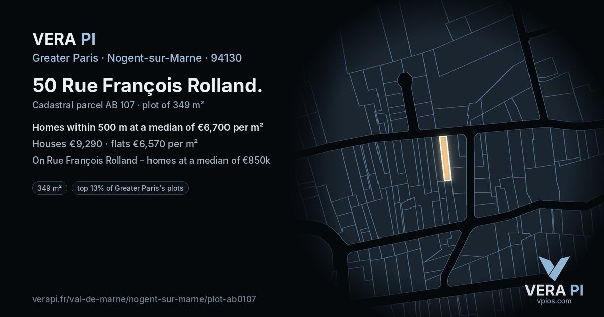 50 Rue François Rolland, Nogent-sur-Marne at night – the plot lit, the parcels around coloured by the prices near them