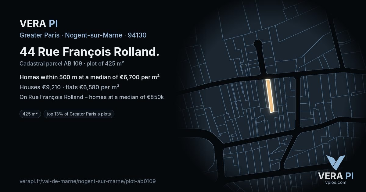 44 Rue François Rolland, Nogent-sur-Marne at night – the plot lit, the parcels around coloured by the prices near them