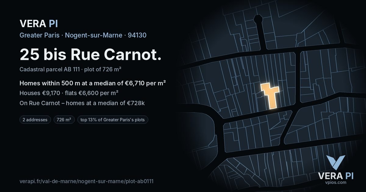 25 bis Rue Carnot, Nogent-sur-Marne at night – the plot lit, the parcels around coloured by the prices near them