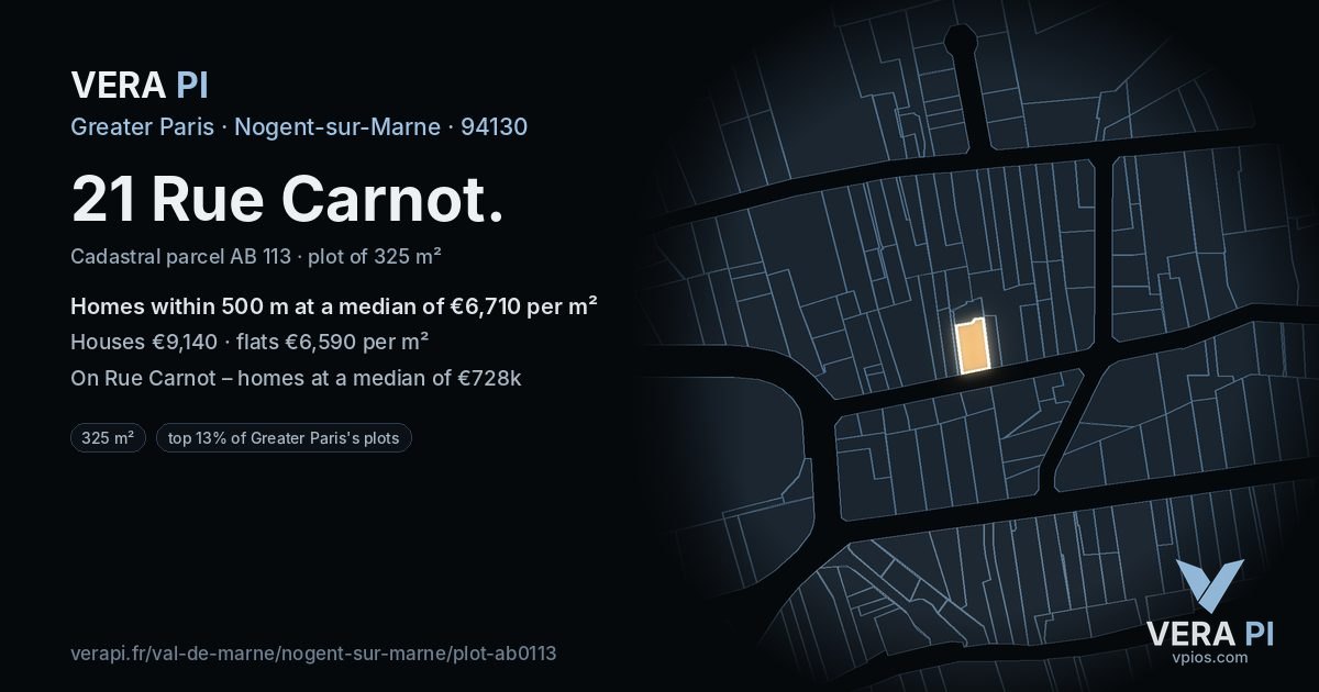 21 Rue Carnot, Nogent-sur-Marne at night – the plot lit, the parcels around coloured by the prices near them