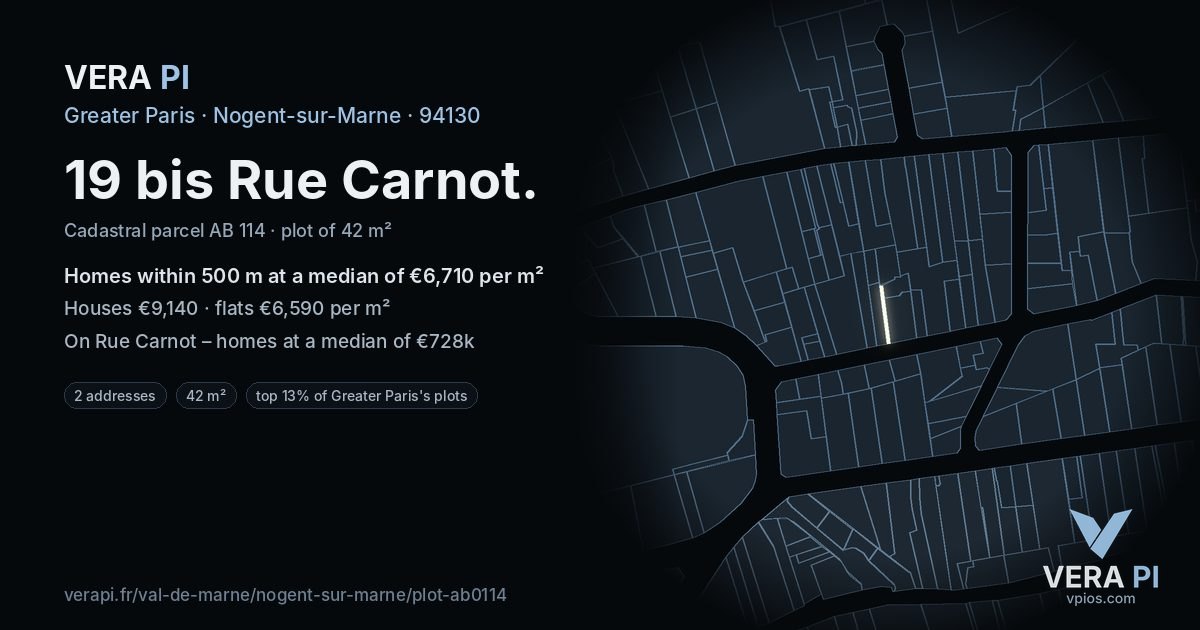 19 bis Rue Carnot, Nogent-sur-Marne at night – the plot lit, the parcels around coloured by the prices near them