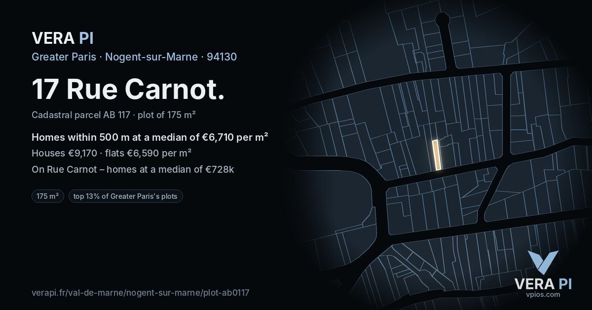 17 Rue Carnot, Nogent-sur-Marne at night – the plot lit, the parcels around coloured by the prices near them
