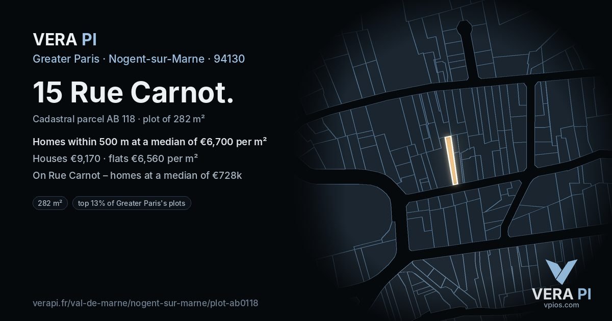 15 Rue Carnot, Nogent-sur-Marne at night – the plot lit, the parcels around coloured by the prices near them