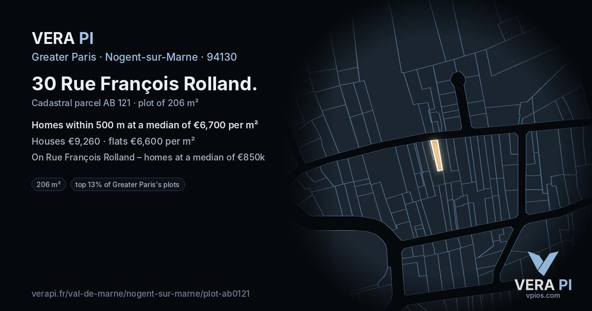 30 Rue François Rolland, Nogent-sur-Marne at night – the plot lit, the parcels around coloured by the prices near them