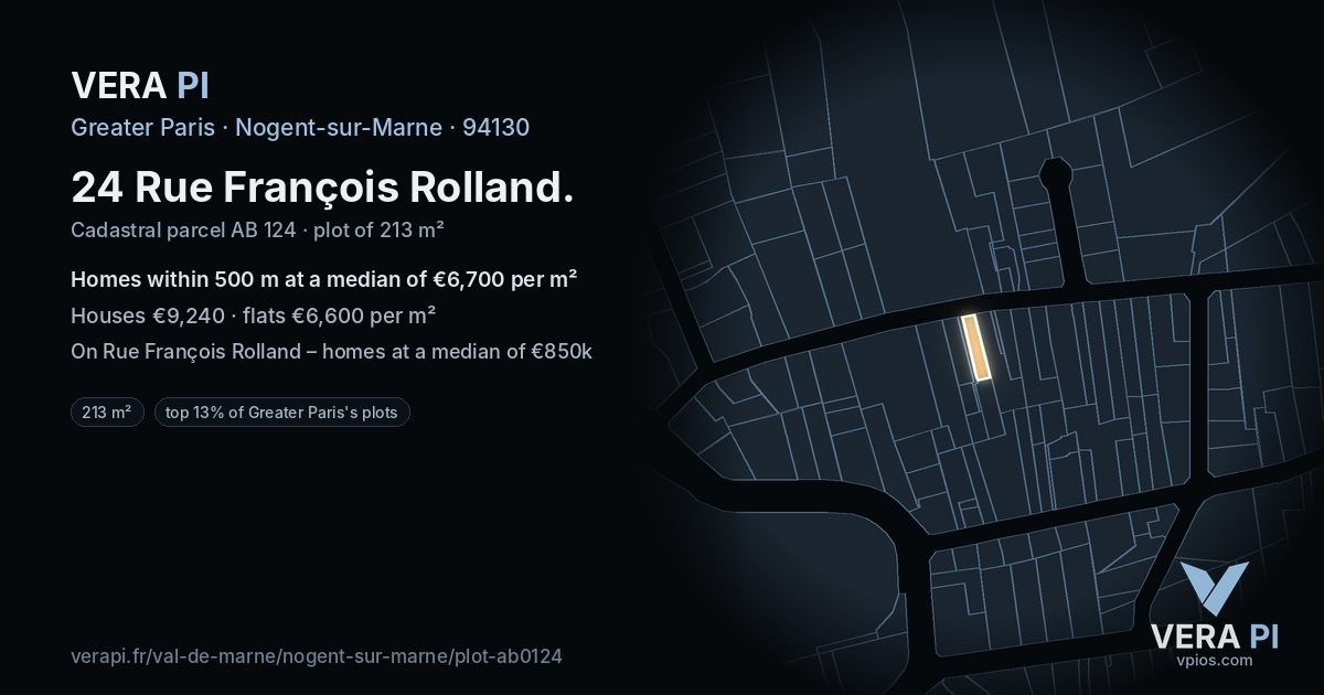 24 Rue François Rolland, Nogent-sur-Marne at night – the plot lit, the parcels around coloured by the prices near them