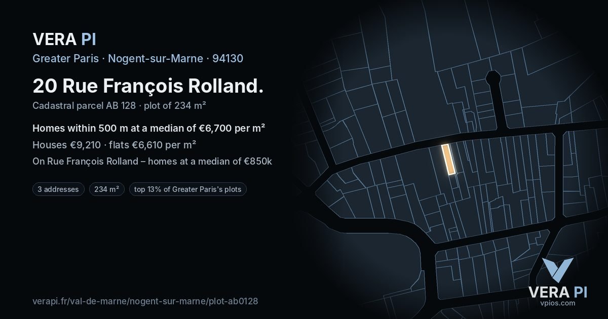 20 Rue François Rolland, Nogent-sur-Marne at night – the plot lit, the parcels around coloured by the prices near them