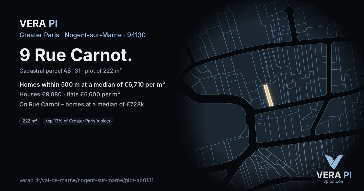 9 Rue Carnot, Nogent-sur-Marne at night – the plot lit, the parcels around coloured by the prices near them