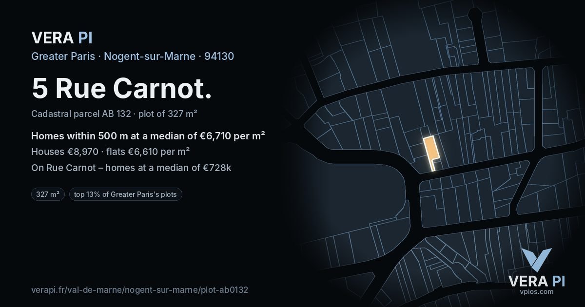 5 Rue Carnot, Nogent-sur-Marne at night – the plot lit, the parcels around coloured by the prices near them