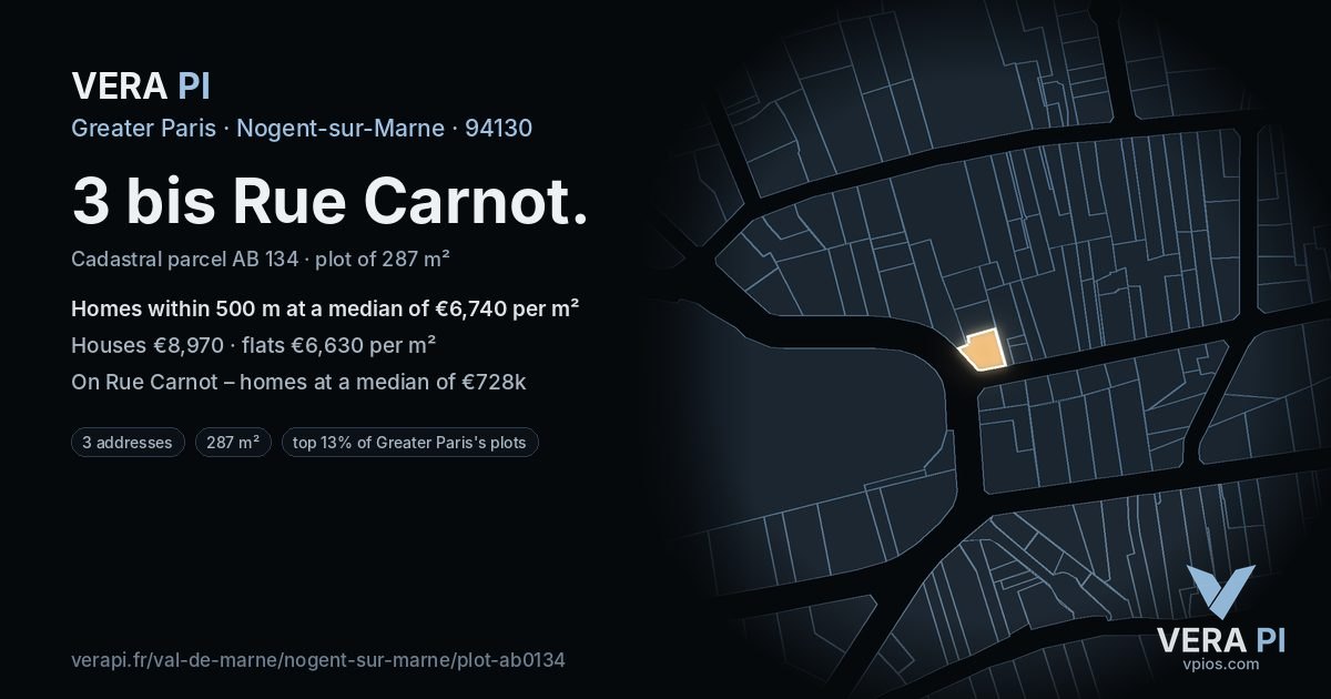 3 bis Rue Carnot, Nogent-sur-Marne at night – the plot lit, the parcels around coloured by the prices near them