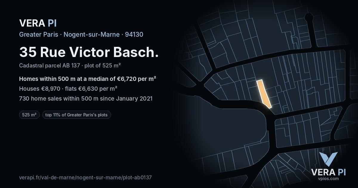 35 Rue Victor Basch, Nogent-sur-Marne at night – the plot lit, the parcels around coloured by the prices near them