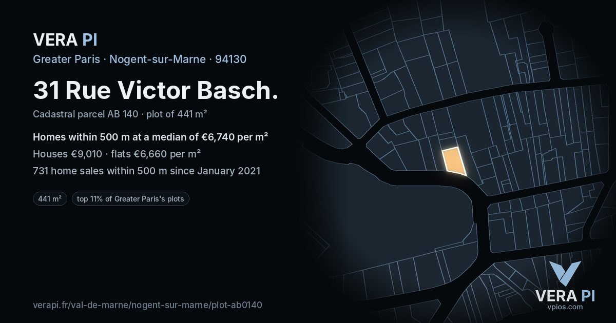 31 Rue Victor Basch, Nogent-sur-Marne at night – the plot lit, the parcels around coloured by the prices near them