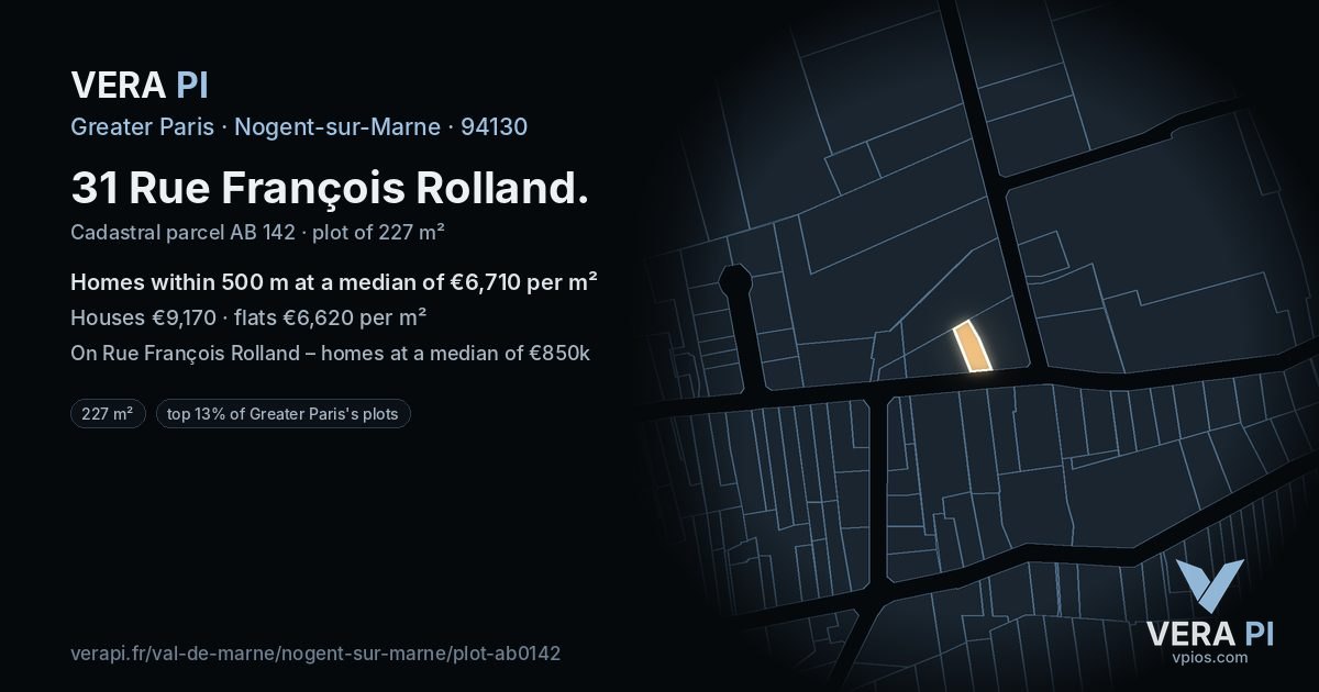 31 Rue François Rolland, Nogent-sur-Marne at night – the plot lit, the parcels around coloured by the prices near them