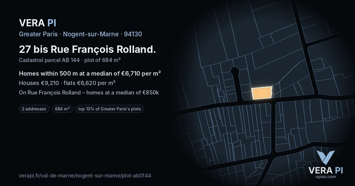 27 bis Rue François Rolland, Nogent-sur-Marne at night – the plot lit, the parcels around coloured by the prices near them