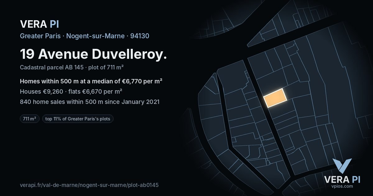 19 Avenue Duvelleroy, Nogent-sur-Marne at night – the plot lit, the parcels around coloured by the prices near them