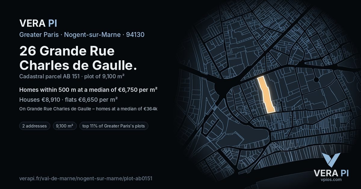 26 Grande Rue Charles de Gaulle, Nogent-sur-Marne at night – the plot lit, the parcels around coloured by the prices near them