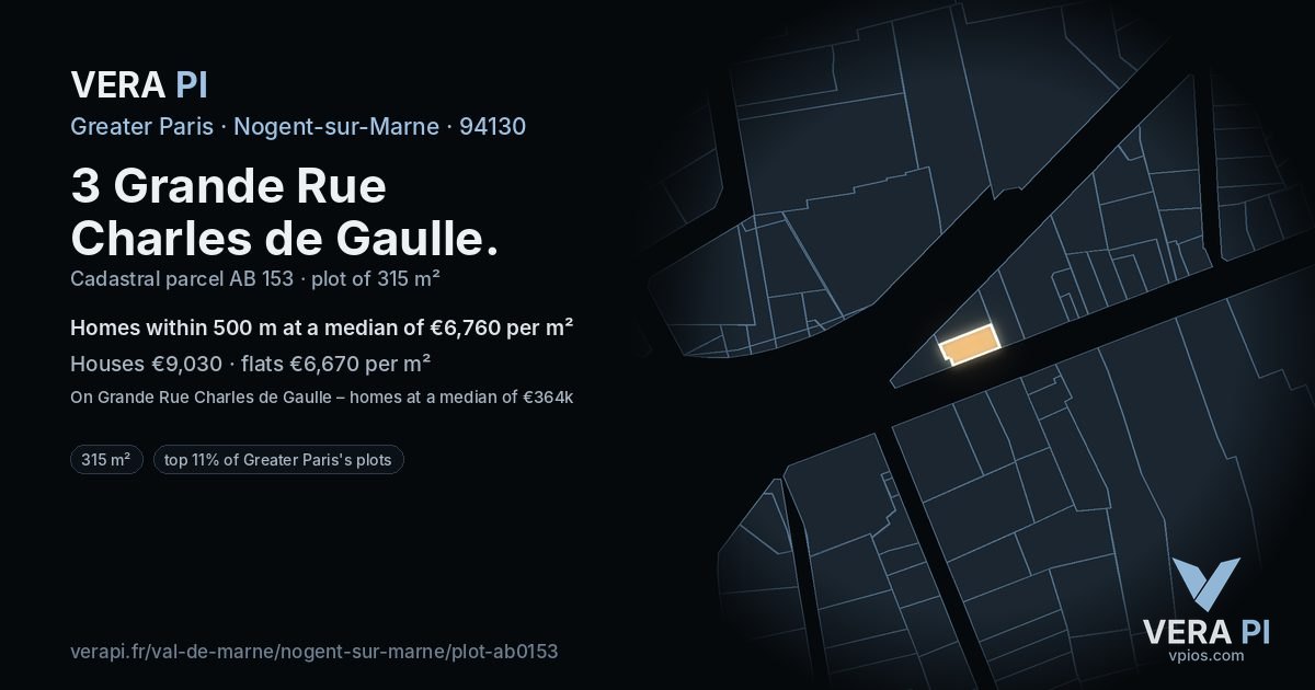 3 Grande Rue Charles de Gaulle, Nogent-sur-Marne at night – the plot lit, the parcels around coloured by the prices near them