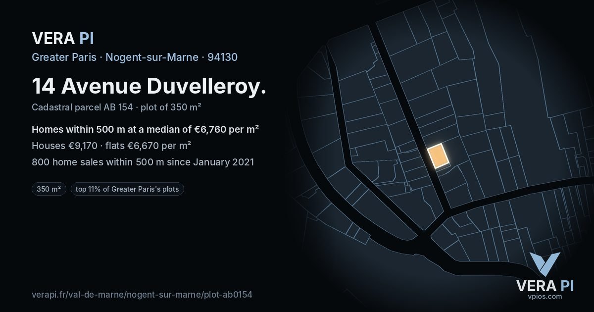14 Avenue Duvelleroy, Nogent-sur-Marne at night – the plot lit, the parcels around coloured by the prices near them