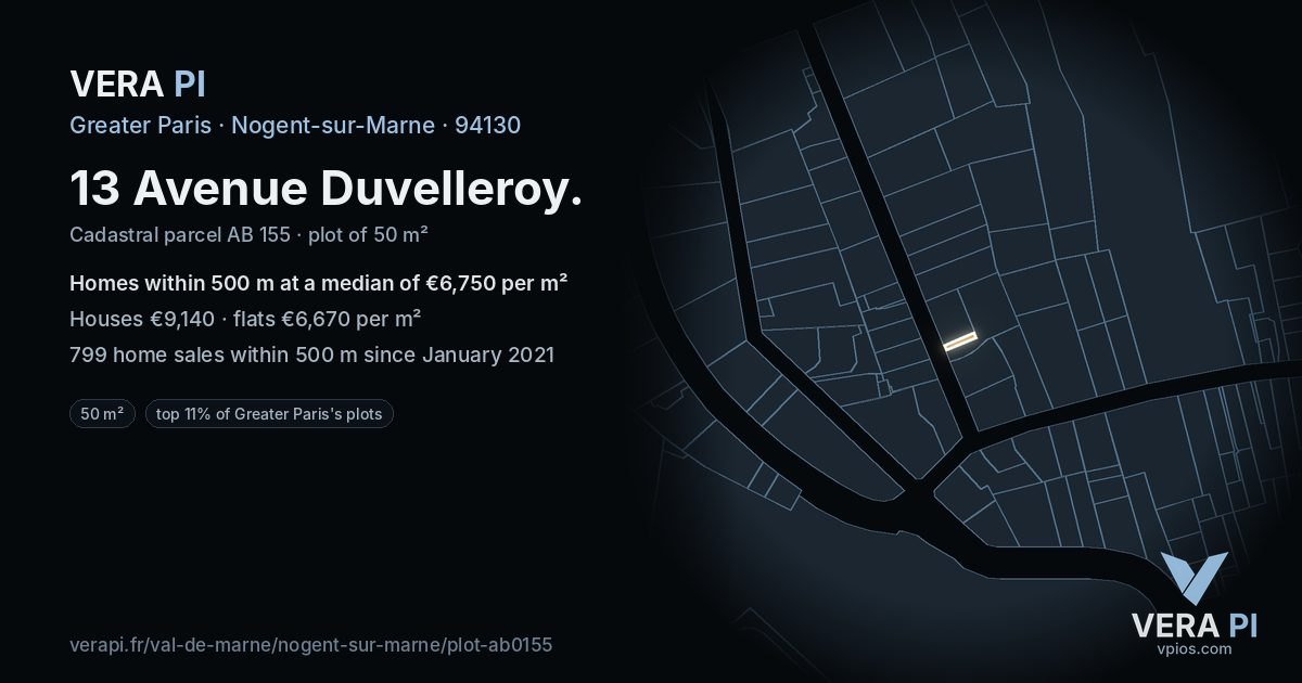 13 Avenue Duvelleroy, Nogent-sur-Marne at night – the plot lit, the parcels around coloured by the prices near them