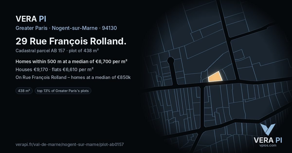 29 Rue François Rolland, Nogent-sur-Marne at night – the plot lit, the parcels around coloured by the prices near them