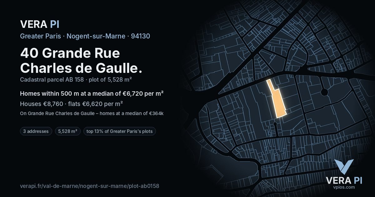 40 Grande Rue Charles de Gaulle, Nogent-sur-Marne at night – the plot lit, the parcels around coloured by the prices near them