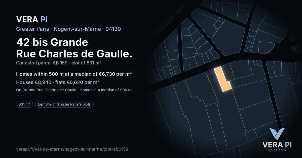 42 bis Grande Rue Charles de Gaulle, Nogent-sur-Marne at night – the plot lit, the parcels around coloured by the prices near them