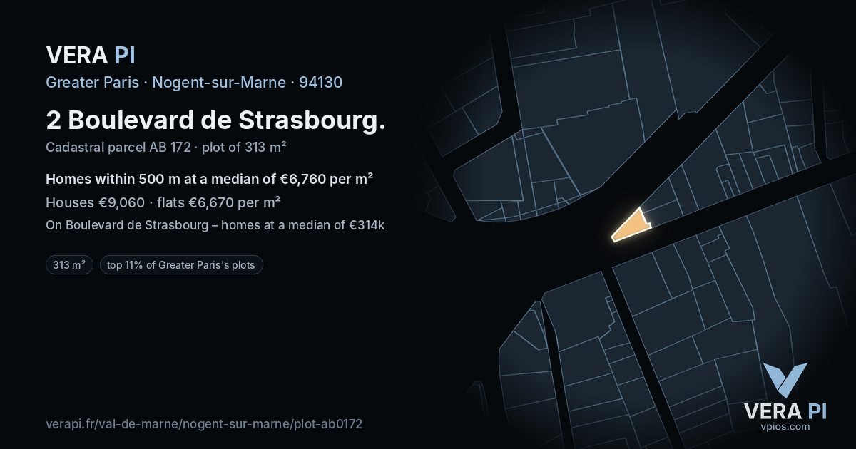 2 Boulevard de Strasbourg, Nogent-sur-Marne at night – the plot lit, the parcels around coloured by the prices near them