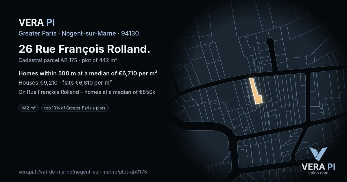 26 Rue François Rolland, Nogent-sur-Marne at night – the plot lit, the parcels around coloured by the prices near them