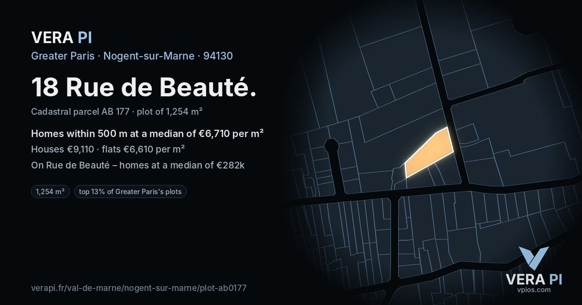 18 Rue de Beauté, Nogent-sur-Marne at night – the plot lit, the parcels around coloured by the prices near them