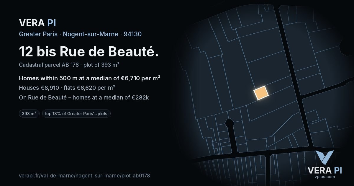 12 bis Rue de Beauté, Nogent-sur-Marne at night – the plot lit, the parcels around coloured by the prices near them