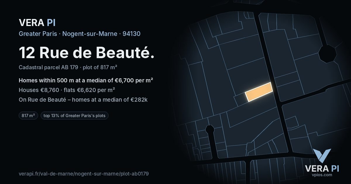 12 Rue de Beauté, Nogent-sur-Marne at night – the plot lit, the parcels around coloured by the prices near them