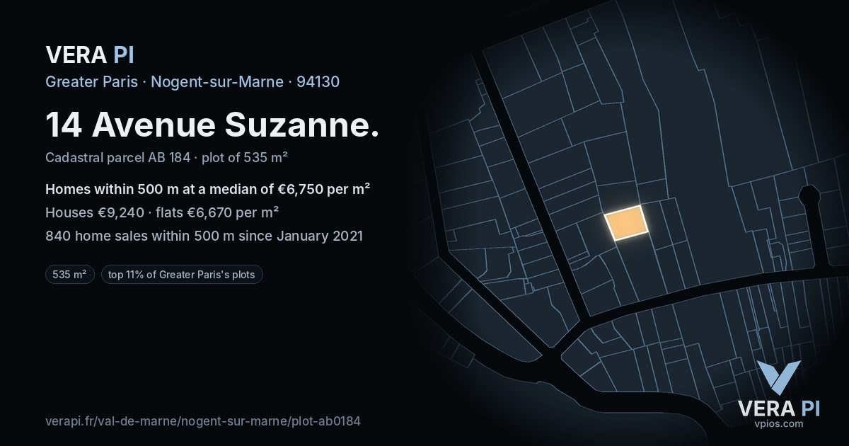 14 Avenue Suzanne, Nogent-sur-Marne at night – the plot lit, the parcels around coloured by the prices near them