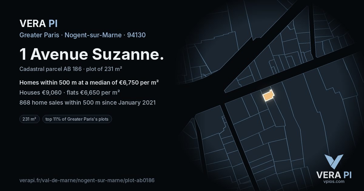 1 Avenue Suzanne, Nogent-sur-Marne at night – the plot lit, the parcels around coloured by the prices near them