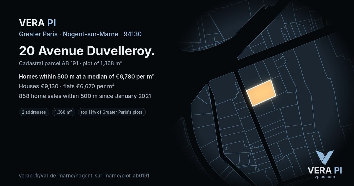 20 Avenue Duvelleroy, Nogent-sur-Marne at night – the plot lit, the parcels around coloured by the prices near them