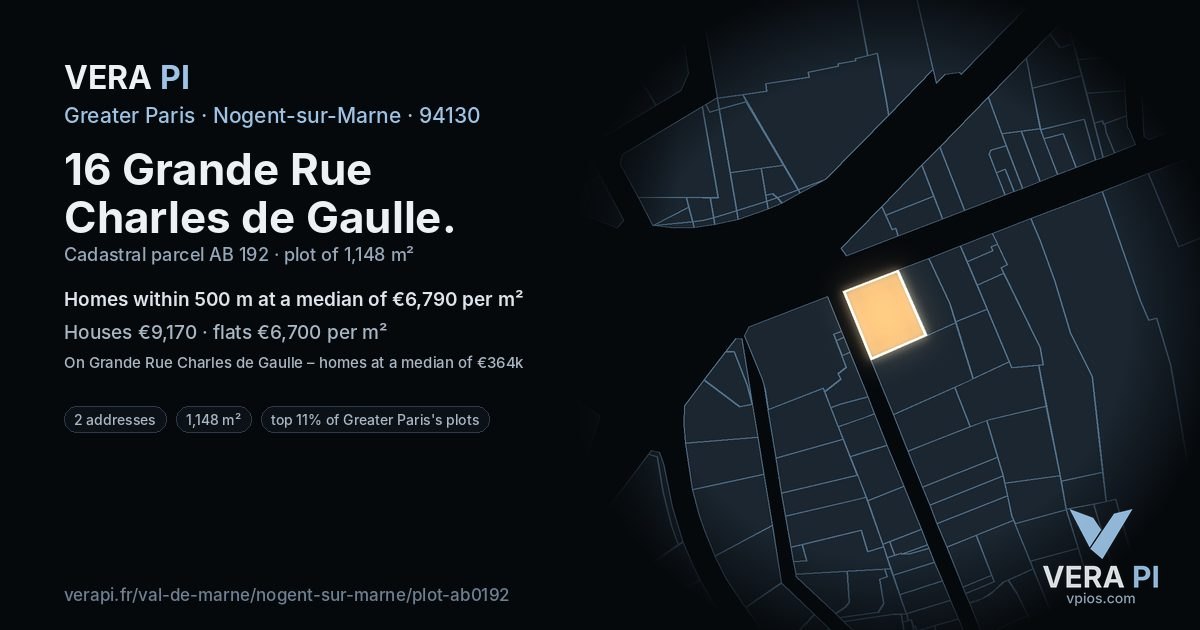 16 Grande Rue Charles de Gaulle, Nogent-sur-Marne at night – the plot lit, the parcels around coloured by the prices near them