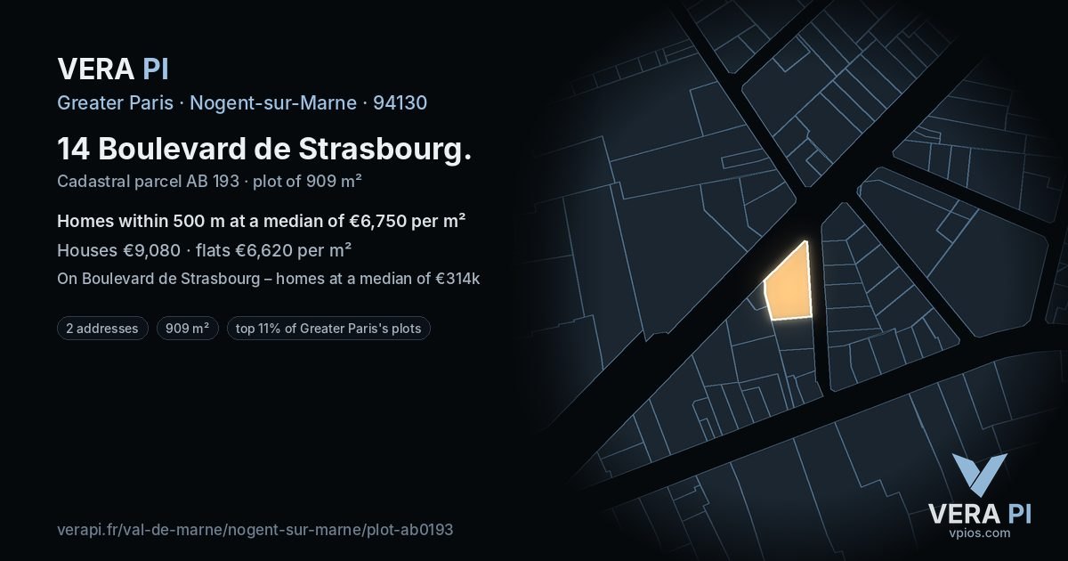 14 Boulevard de Strasbourg, Nogent-sur-Marne at night – the plot lit, the parcels around coloured by the prices near them