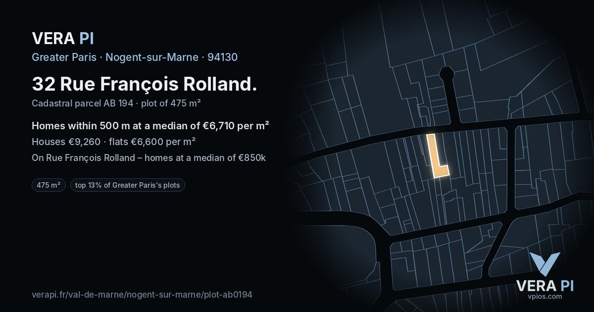 32 Rue François Rolland, Nogent-sur-Marne at night – the plot lit, the parcels around coloured by the prices near them