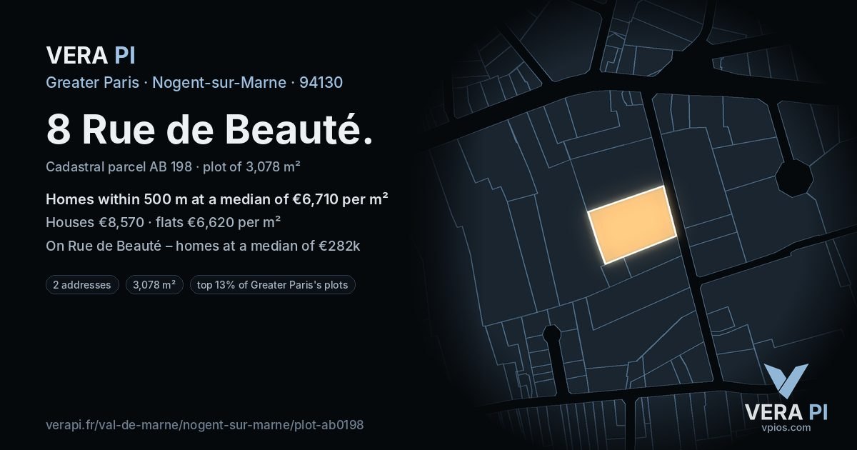 8 Rue de Beauté, Nogent-sur-Marne at night – the plot lit, the parcels around coloured by the prices near them