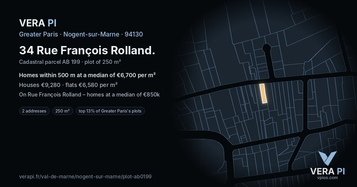34 Rue François Rolland, Nogent-sur-Marne at night – the plot lit, the parcels around coloured by the prices near them