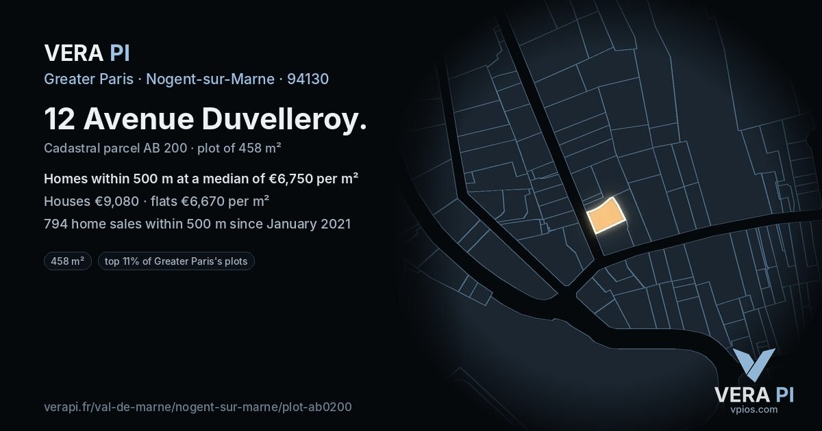 12 Avenue Duvelleroy, Nogent-sur-Marne at night – the plot lit, the parcels around coloured by the prices near them