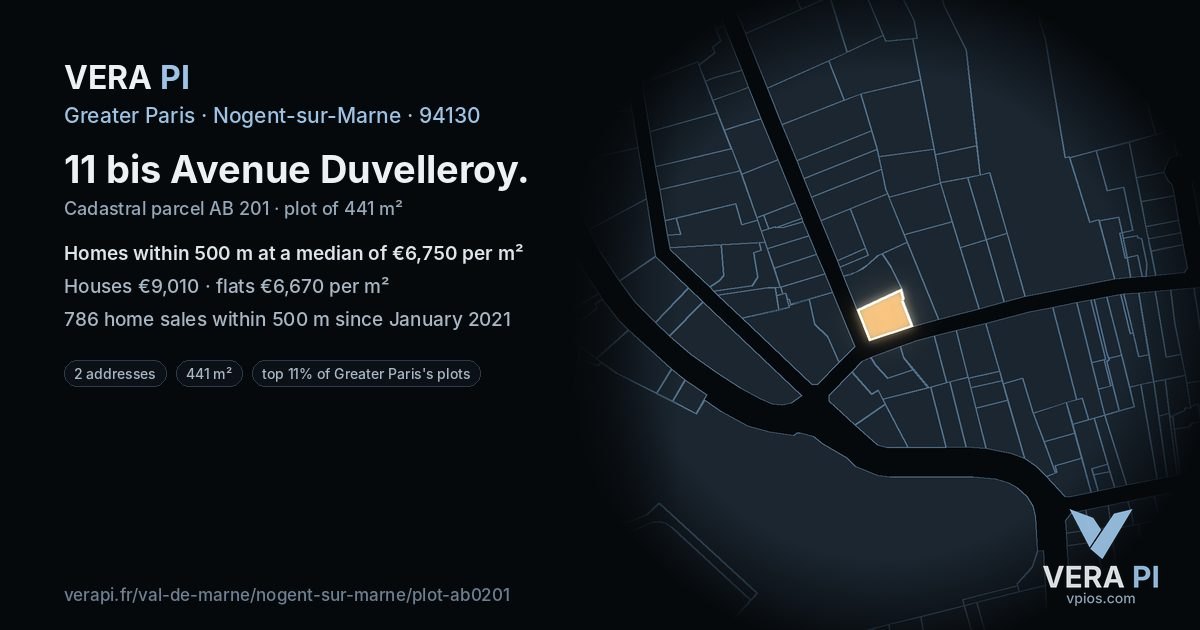 11 bis Avenue Duvelleroy, Nogent-sur-Marne at night – the plot lit, the parcels around coloured by the prices near them