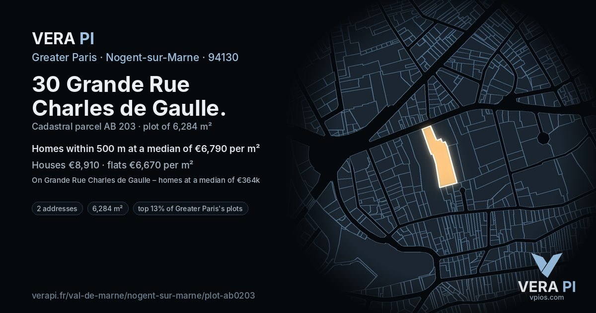 30 Grande Rue Charles de Gaulle, Nogent-sur-Marne at night – the plot lit, the parcels around coloured by the prices near them