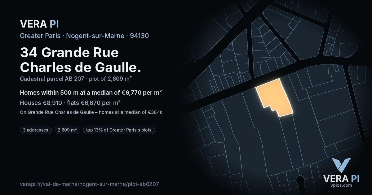 34 Grande Rue Charles de Gaulle, Nogent-sur-Marne at night – the plot lit, the parcels around coloured by the prices near them