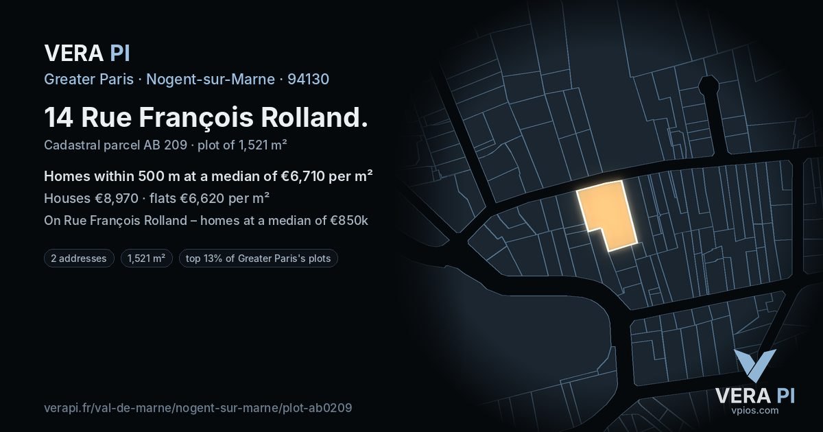 14 Rue François Rolland, Nogent-sur-Marne at night – the plot lit, the parcels around coloured by the prices near them