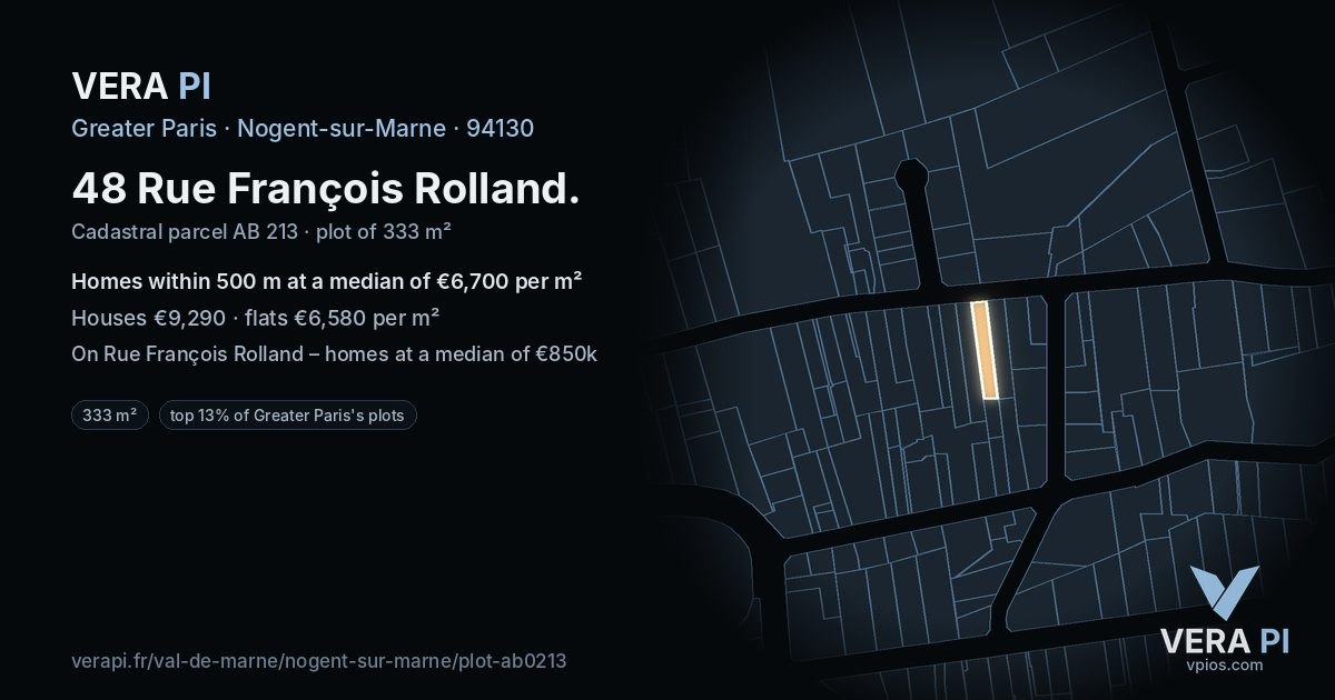 48 Rue François Rolland, Nogent-sur-Marne at night – the plot lit, the parcels around coloured by the prices near them