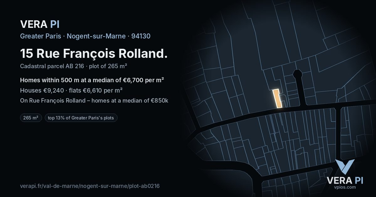 15 Rue François Rolland, Nogent-sur-Marne at night – the plot lit, the parcels around coloured by the prices near them