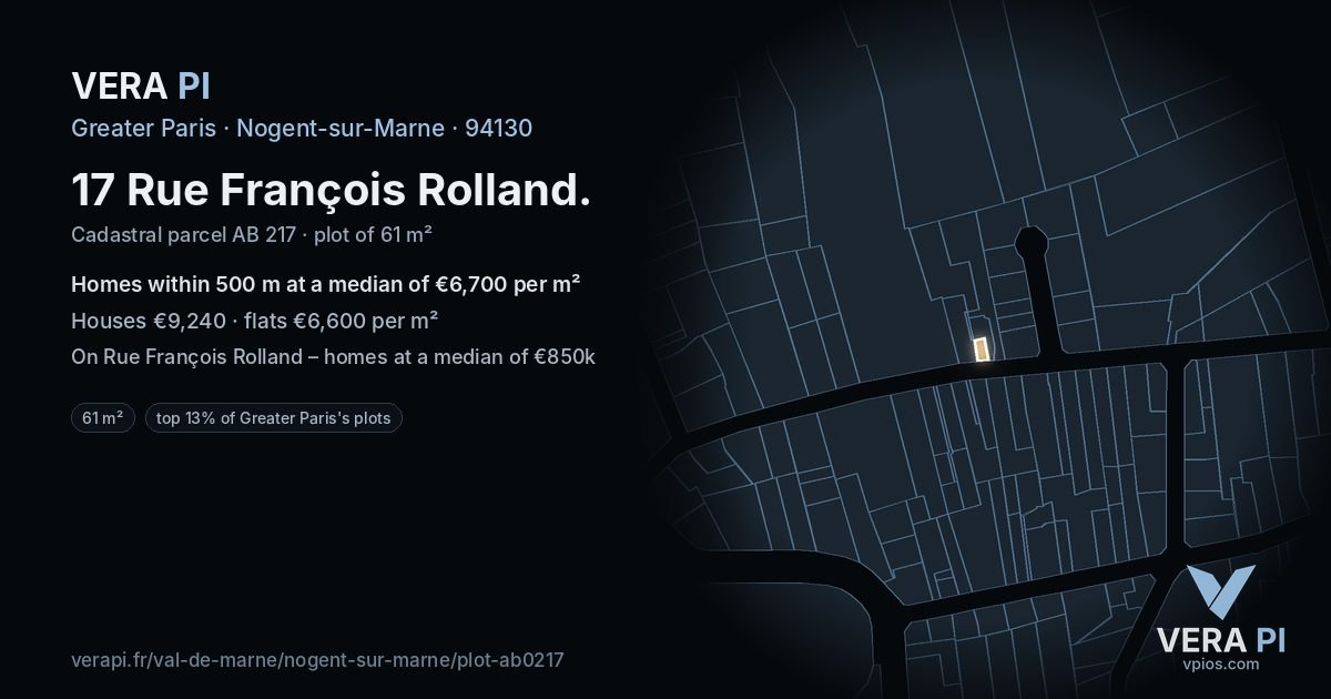 17 Rue François Rolland, Nogent-sur-Marne at night – the plot lit, the parcels around coloured by the prices near them