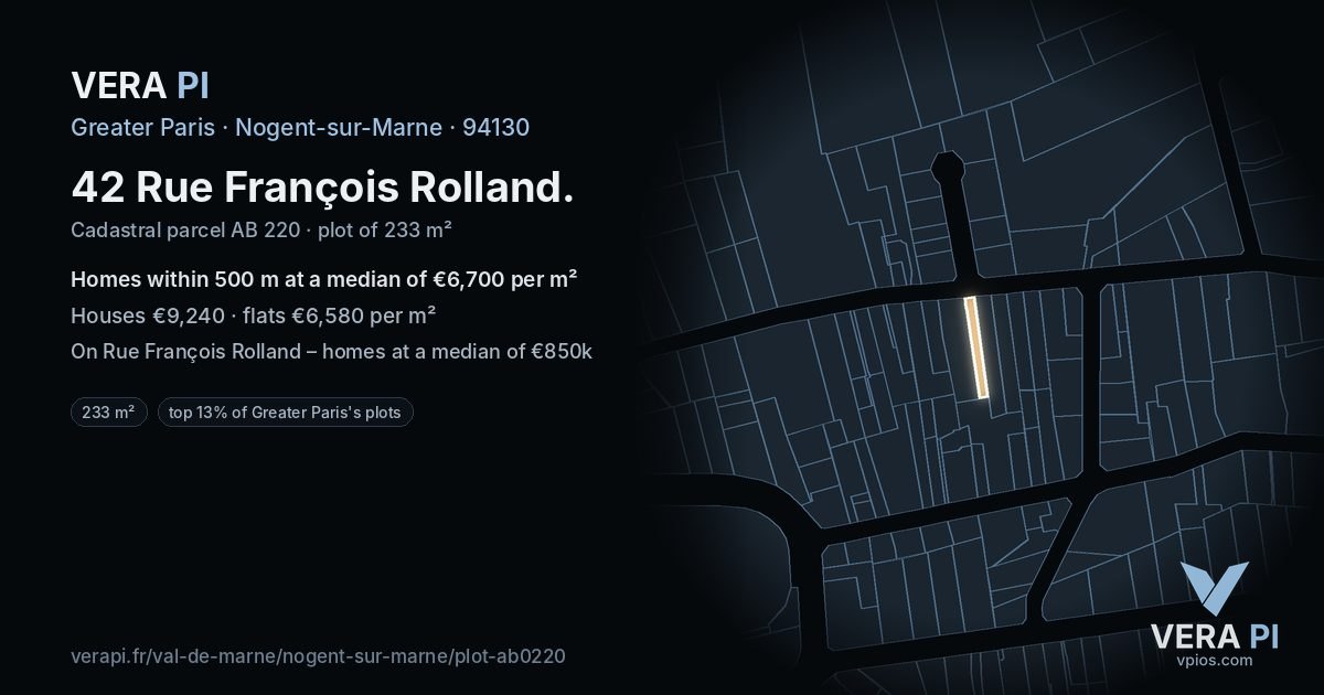 42 Rue François Rolland, Nogent-sur-Marne at night – the plot lit, the parcels around coloured by the prices near them