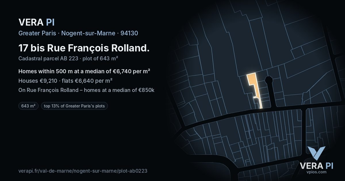 17 bis Rue François Rolland, Nogent-sur-Marne at night – the plot lit, the parcels around coloured by the prices near them