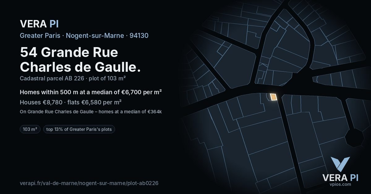 54 Grande Rue Charles de Gaulle, Nogent-sur-Marne at night – the plot lit, the parcels around coloured by the prices near them