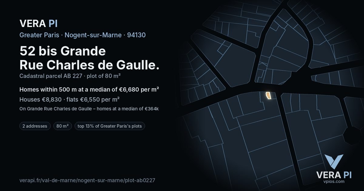 52 bis Grande Rue Charles de Gaulle, Nogent-sur-Marne at night – the plot lit, the parcels around coloured by the prices near them